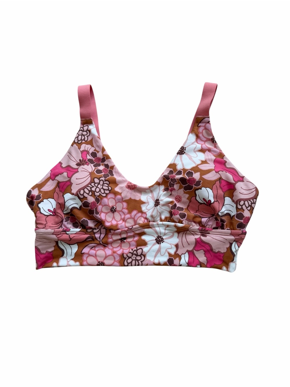 aerie Pink Brown Floral V-Neck Bralette sports bra size small